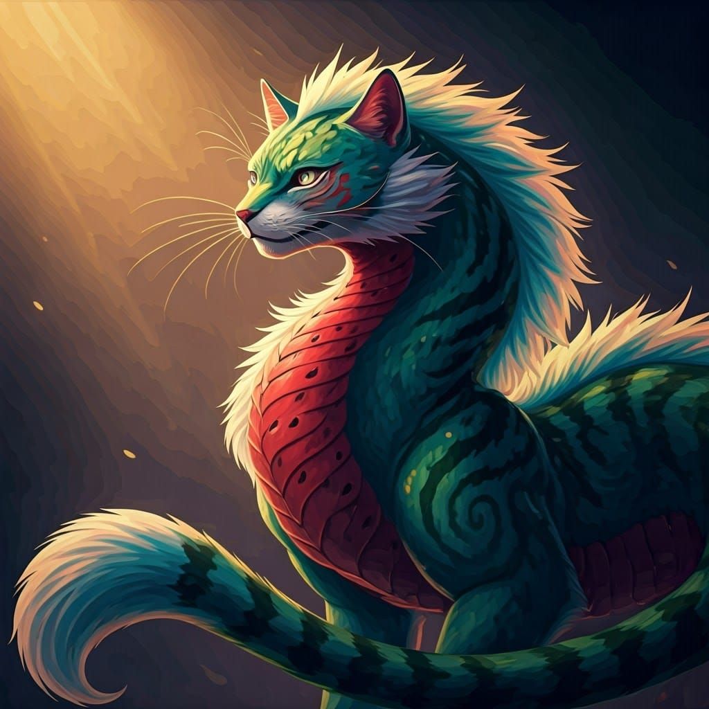 Majestic Anime-Inspired Watermelon Cat Creature