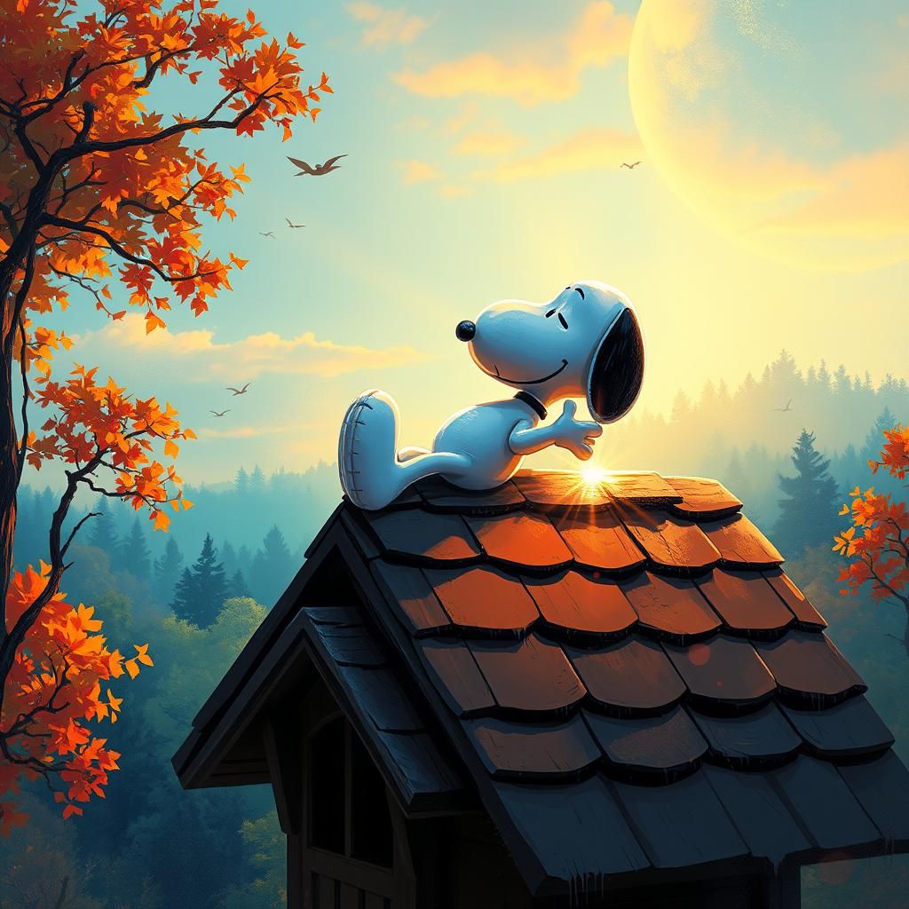 Snoopy's Rooftop Dreamscape in Magical Realism