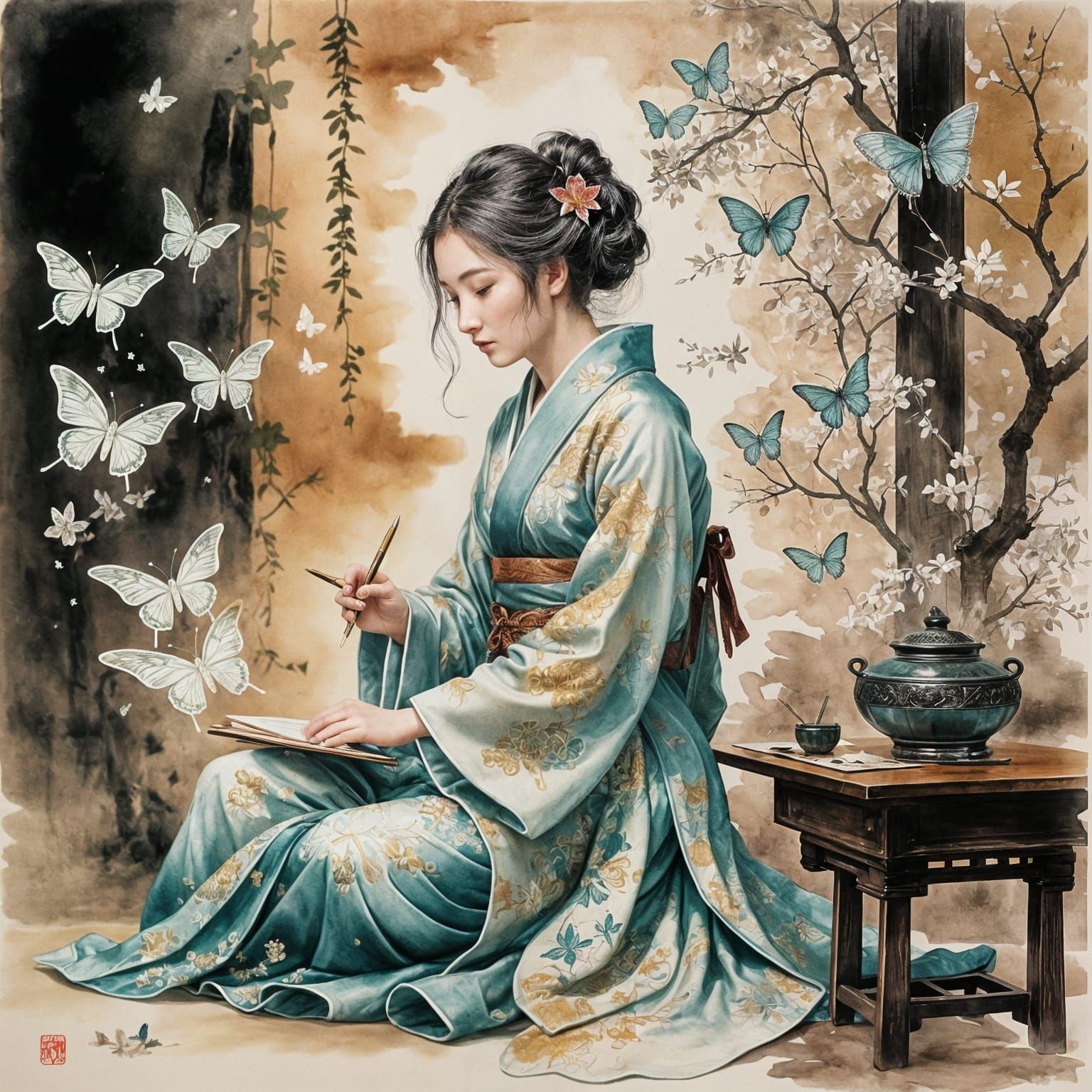 Woman Writing with Iridescent Ink Drawing