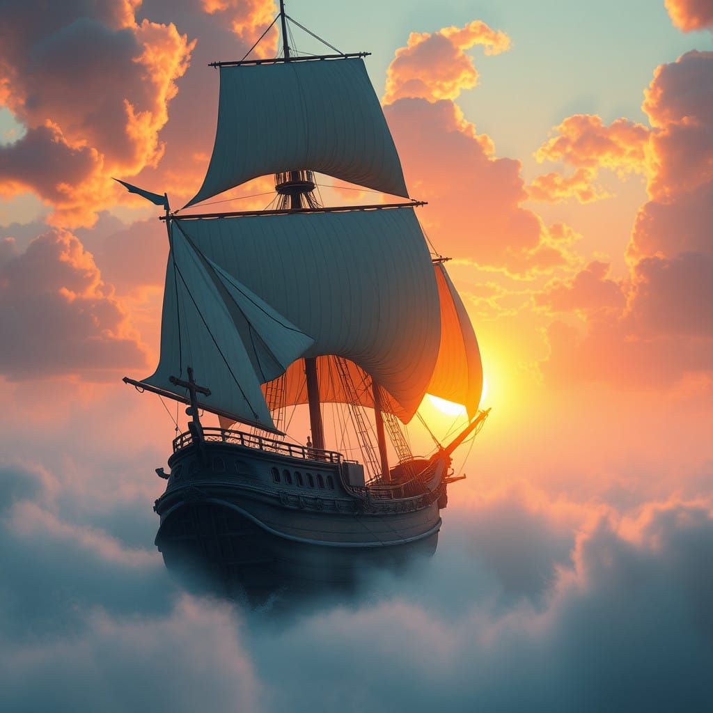 Galleon Disappears into Mystical Mist at Sunrise