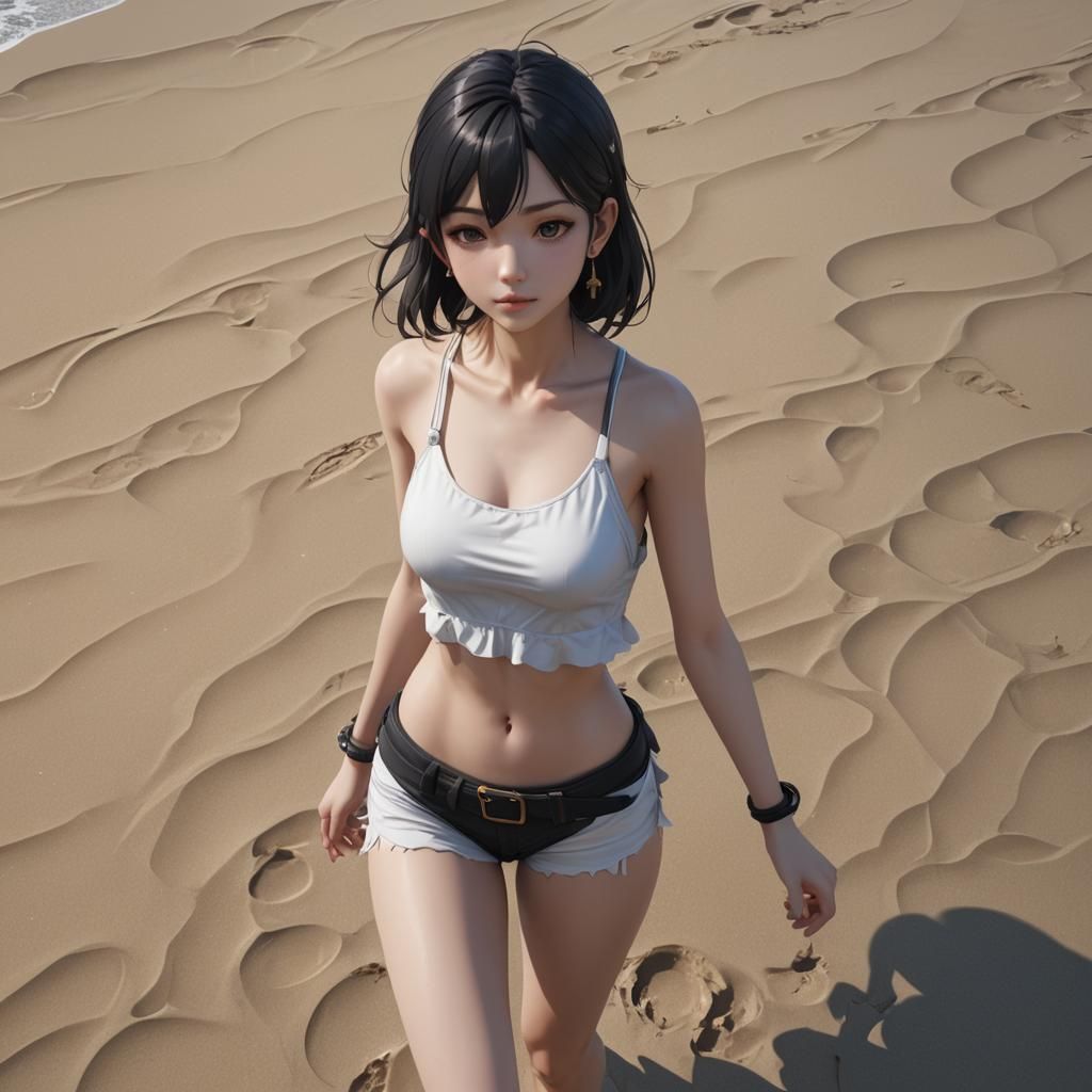 Anime Girl on Beach in Detailed 3D Render