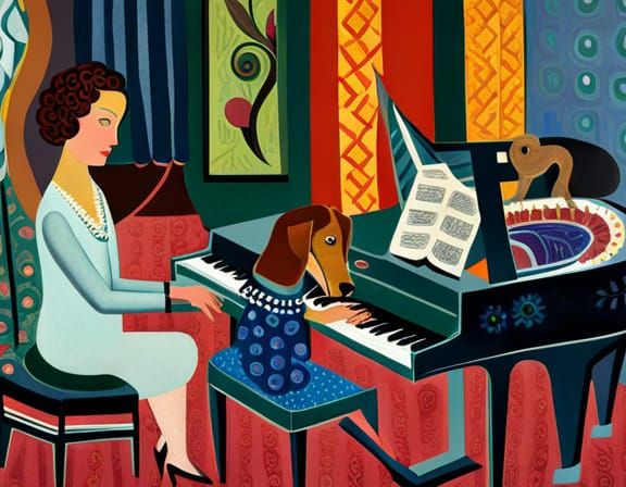 Dog Playing Piano for Owner in Surrealist Style