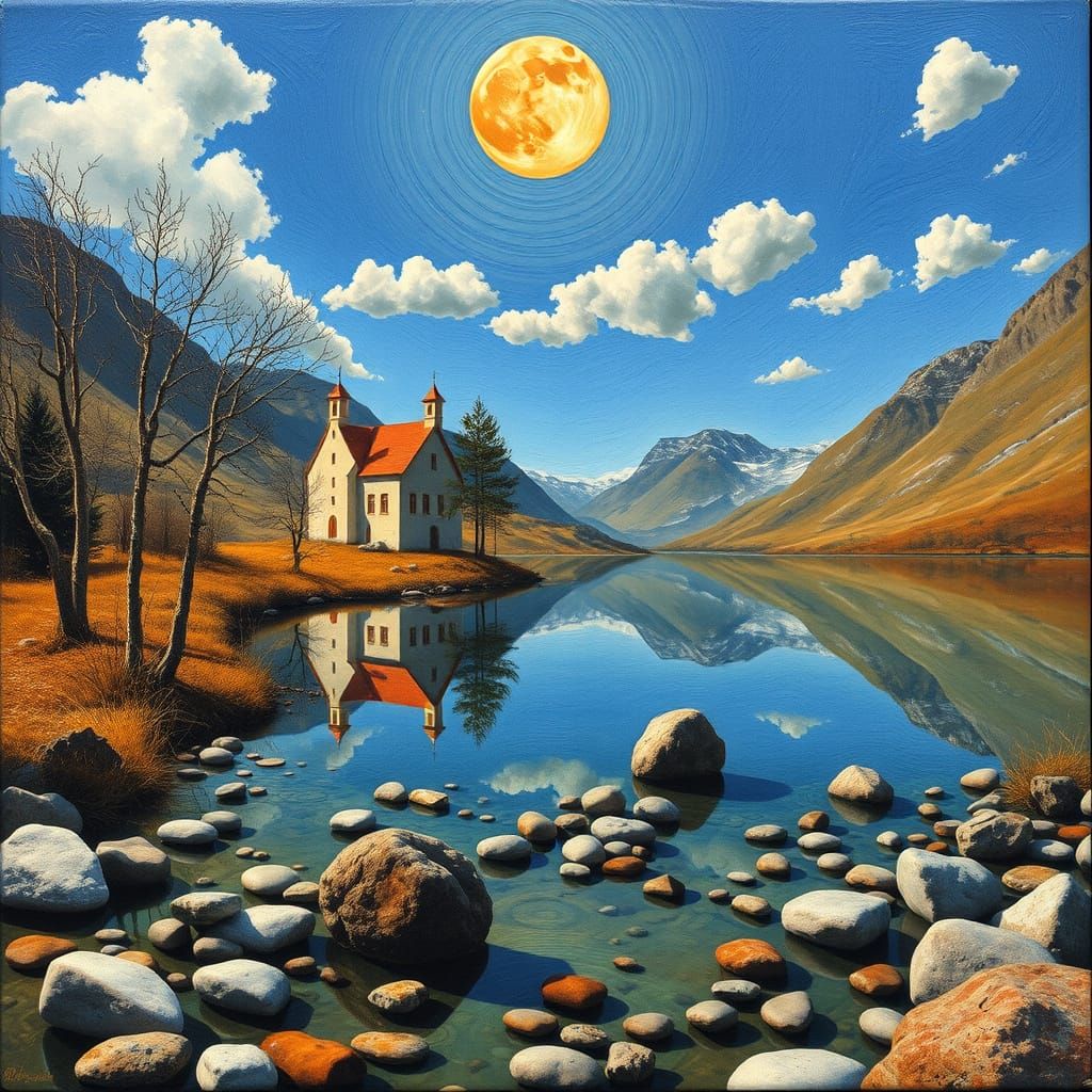 Surrealist Landscape with Giant Lotus Blooming on a Mountain