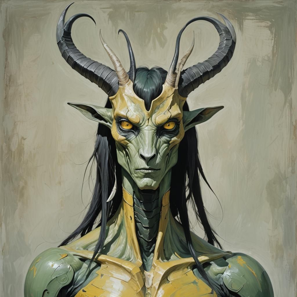Grey-Skinned Humanoid with Horns and Fangs Painting