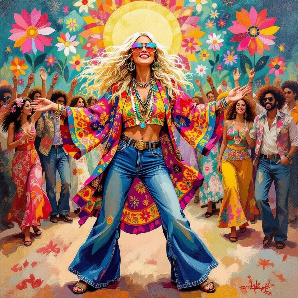Hippie Woman Dancing at Woodstock in Psychedelic Art Style