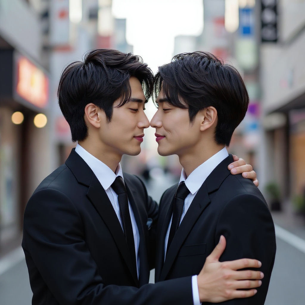 Elegant Anime Kiss in Urban Setting