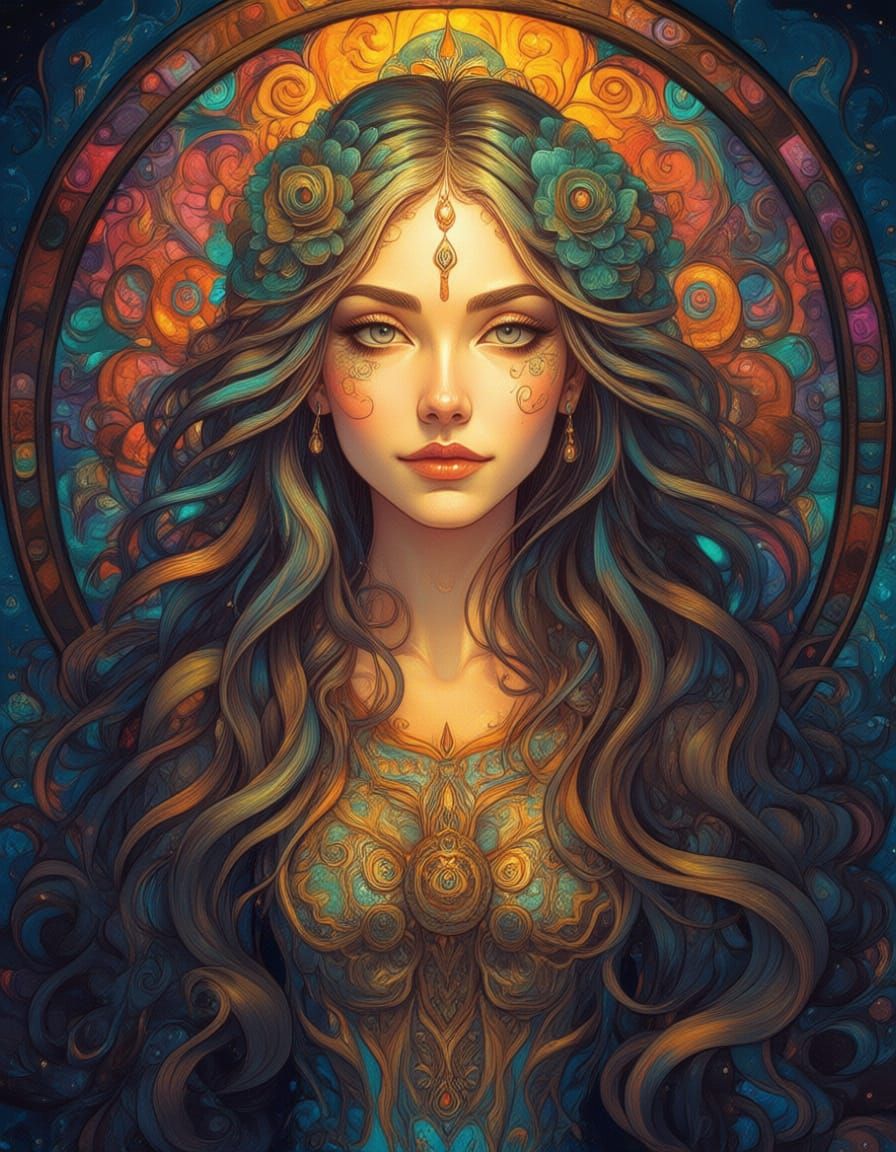 Graceful Goddess in Stained Glass Fantasy Art