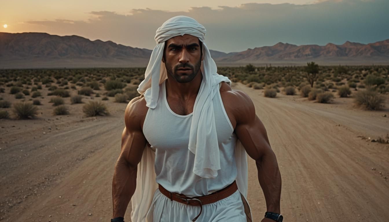 Muscular Arab Bodybuilder in Ghutra Headdress