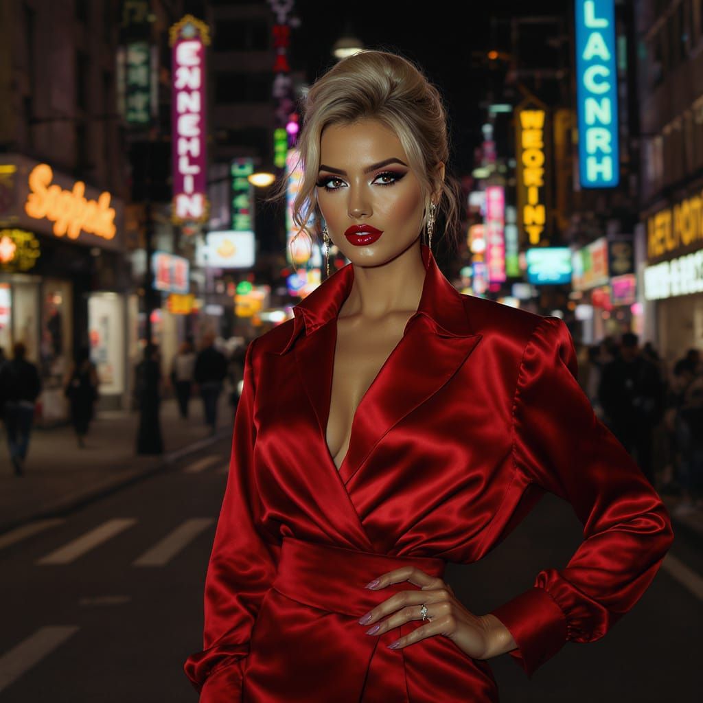 Blonde Woman in Red Satin in Neon City