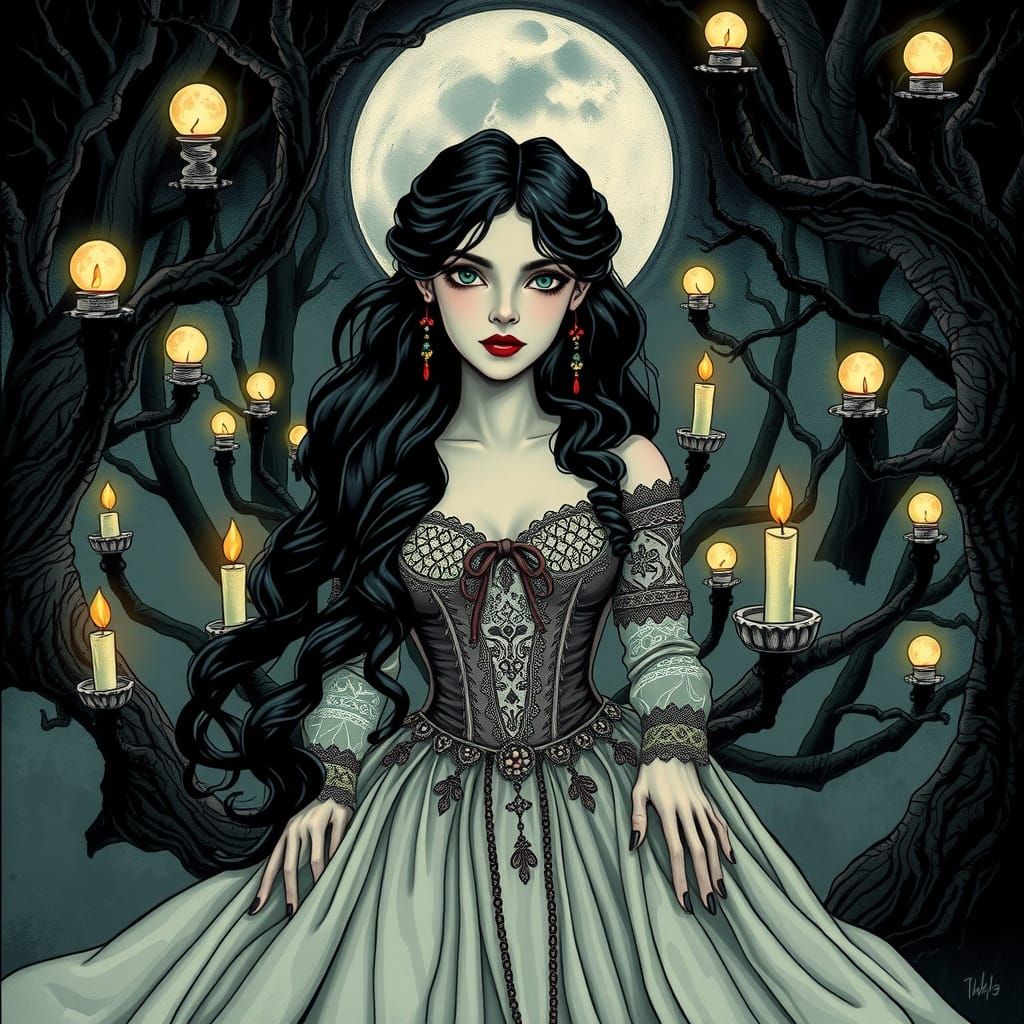 Ethereal Victorian Siren in Moonlit European Forest