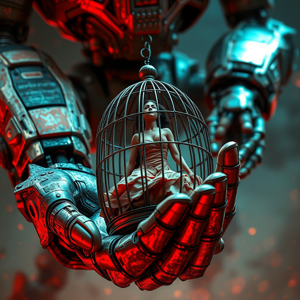 Robot Cradling Woman in Cage: Dreamlike Sci-Fi Art