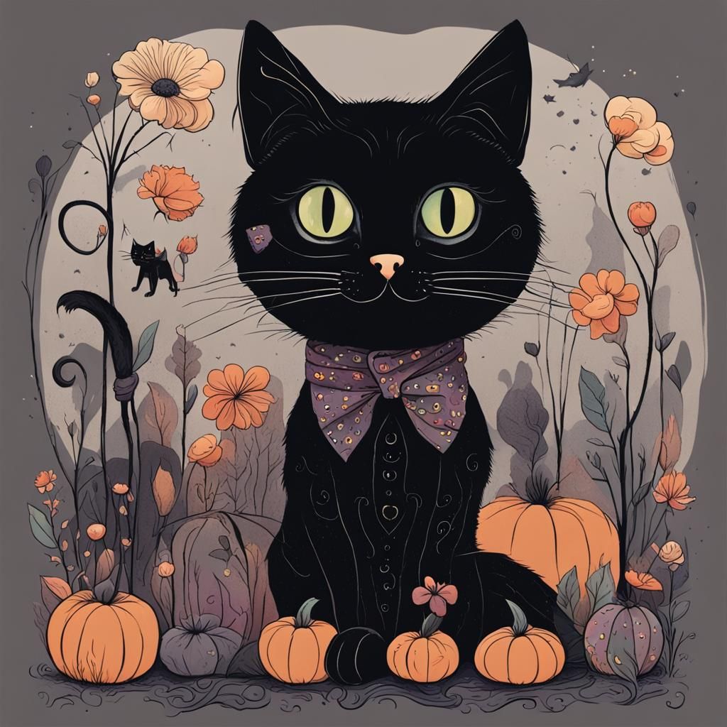 Whimsical Black Cat with Exaggerated Features