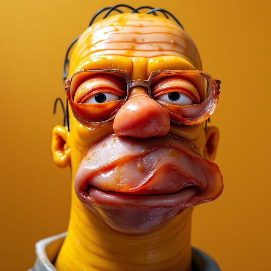 Homer Simpson Portrait Crafted from Ham in Pop Art Style