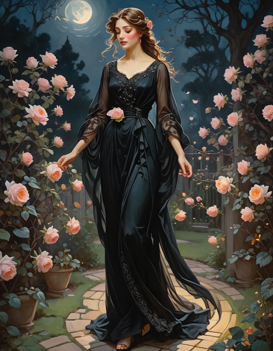 Woman in Moonlit Garden, Classical Oil Painting