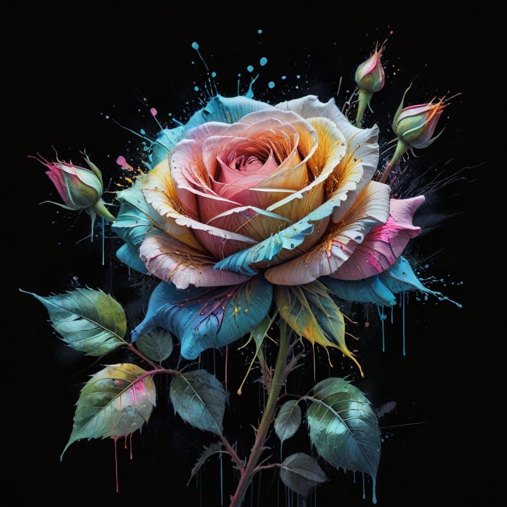 Pastel Neon Rainbow Rose on Black Canvas