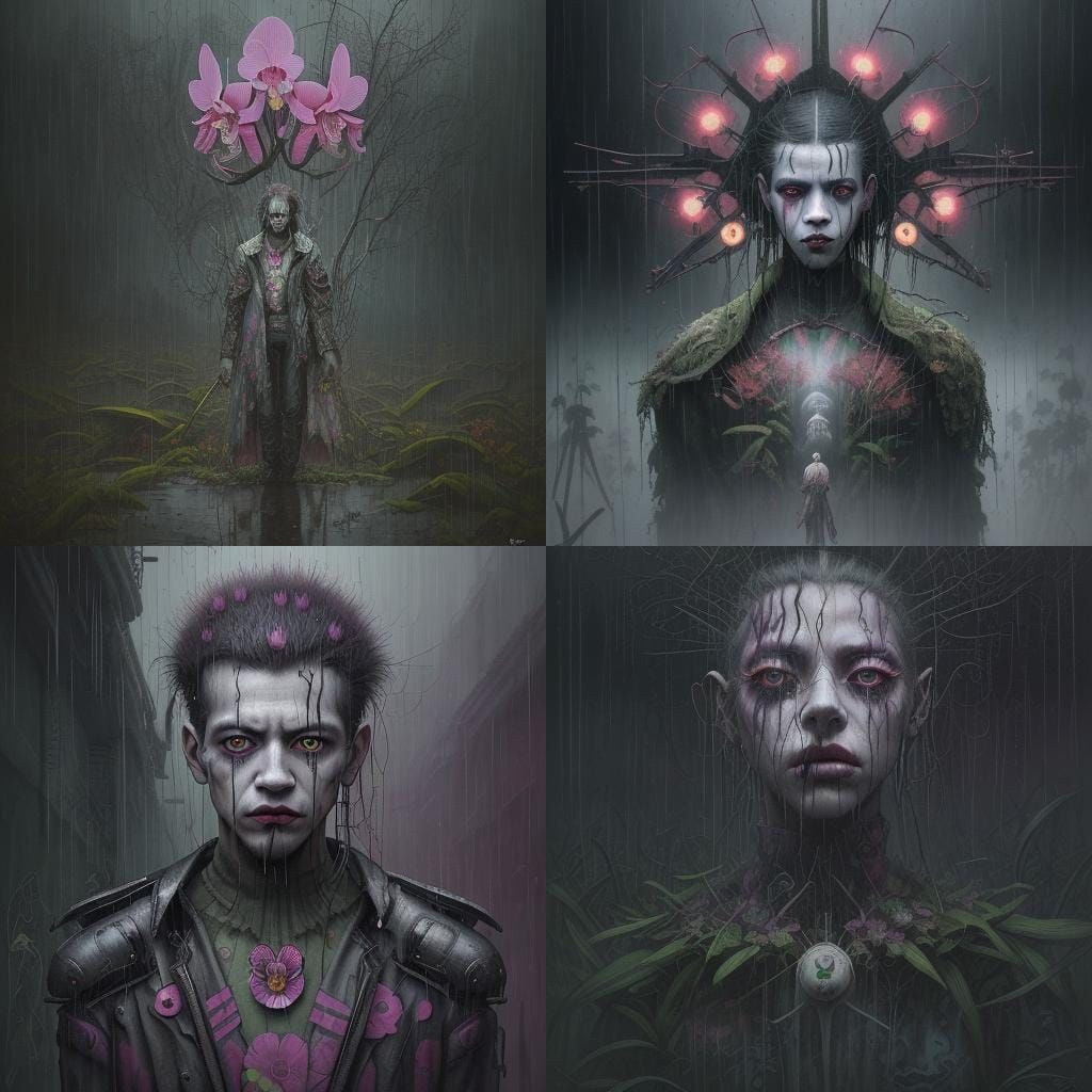 Surreal Cyberpunk Military Clown in Dreamlike Orchid Rain