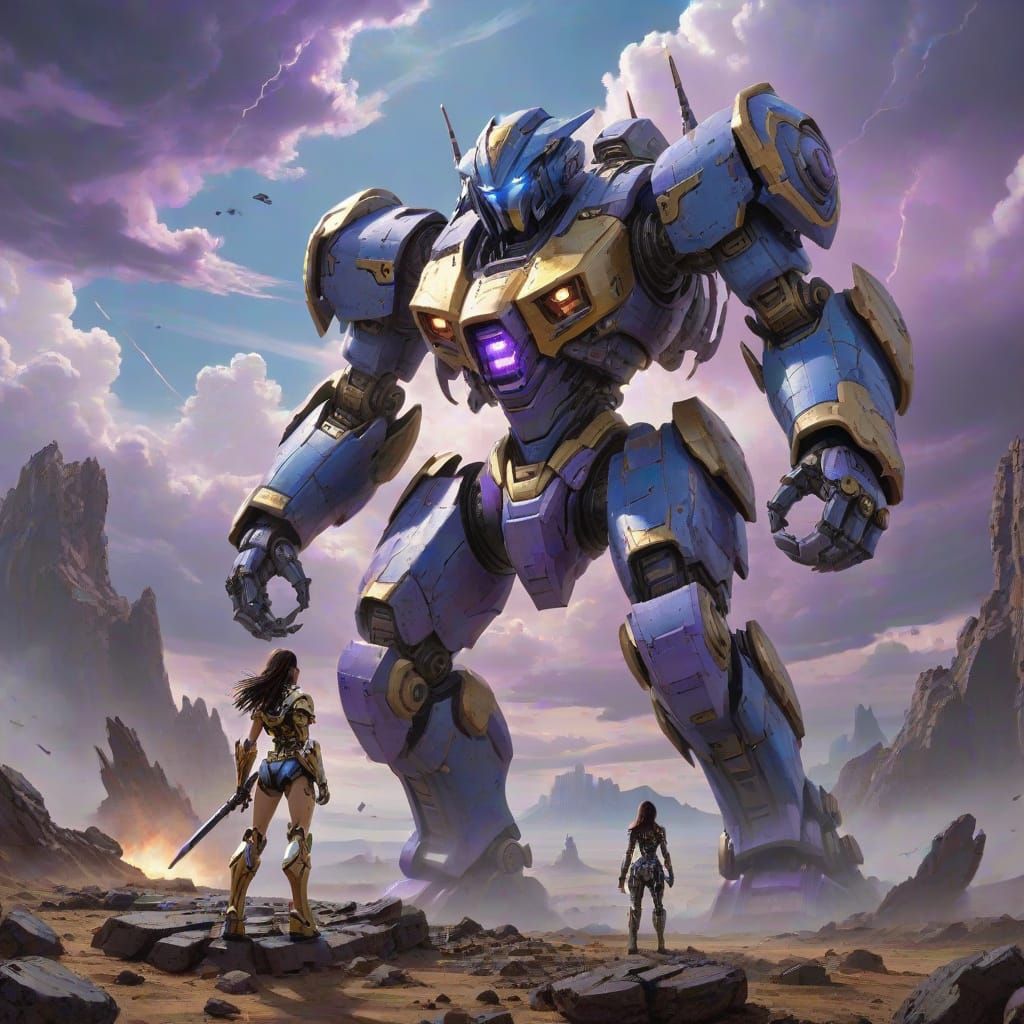 Female Warrior Confronts Robot on Alien Battlefield