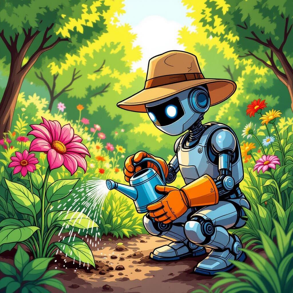 Robot Gardener Tends Vibrant Flower in Comic Book Style