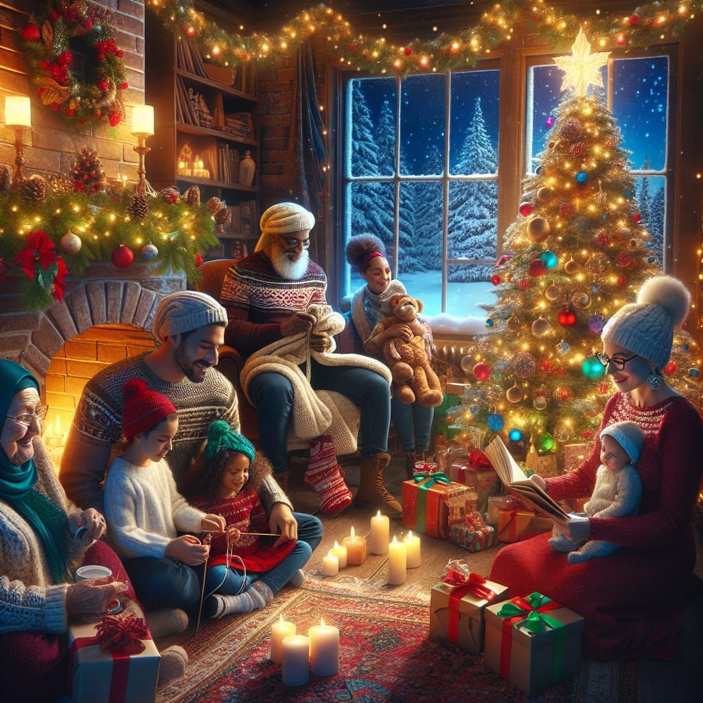 Festive Holiday Gathering in a Cozy Christmas Living Room