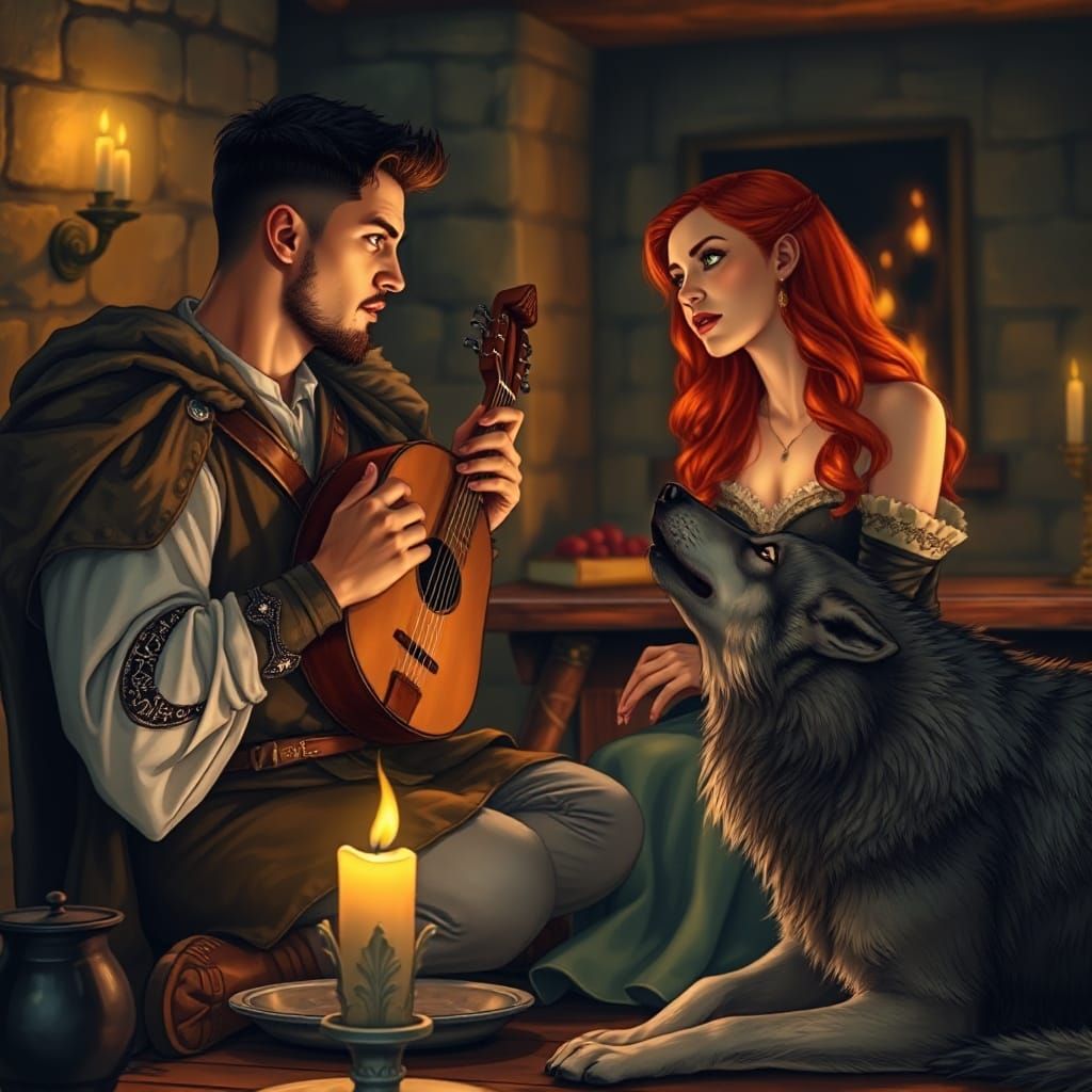 Medieval Bard Serenades a Noble Lady in a Cozy Tavern