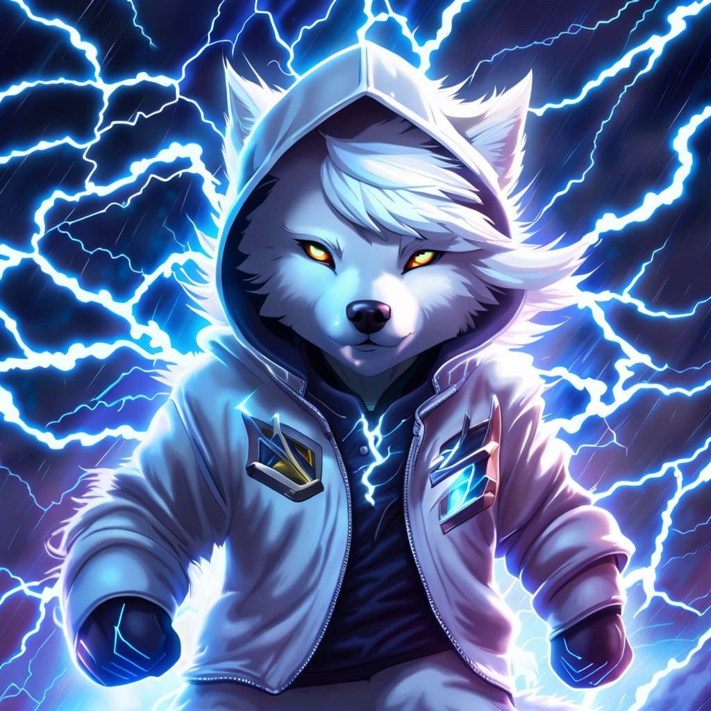 Electric White Wolf in Lightning Storm: Chibi Anime Art