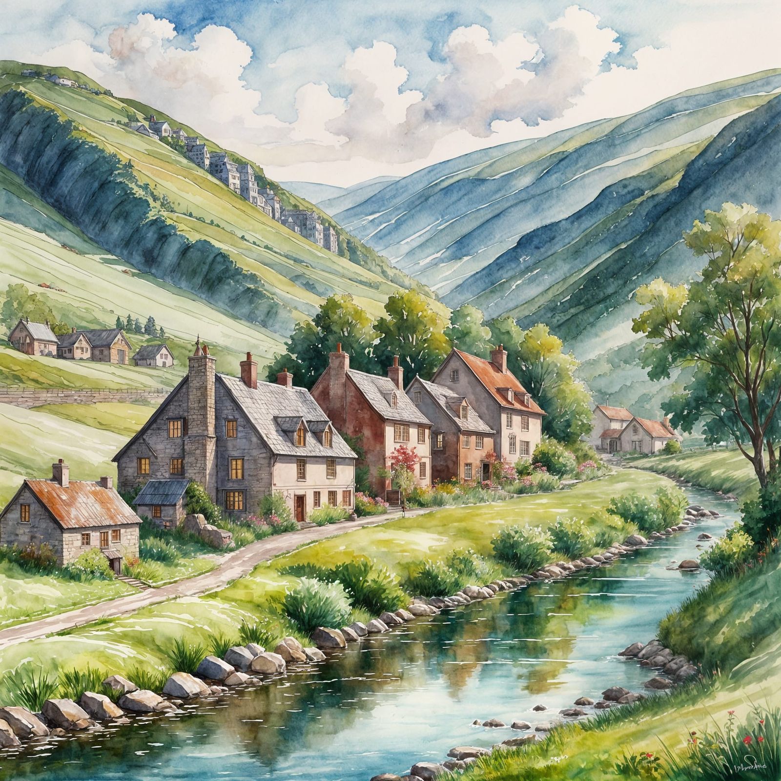 Rolling Hills Village with Riverbank in Watercolor Style