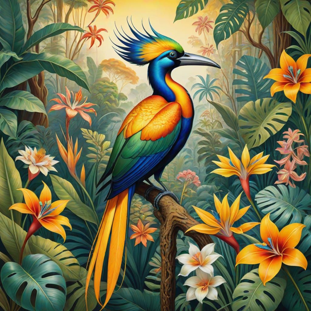 Bird of Paradise in Lush Rainforest, in the Style of Ernst H...