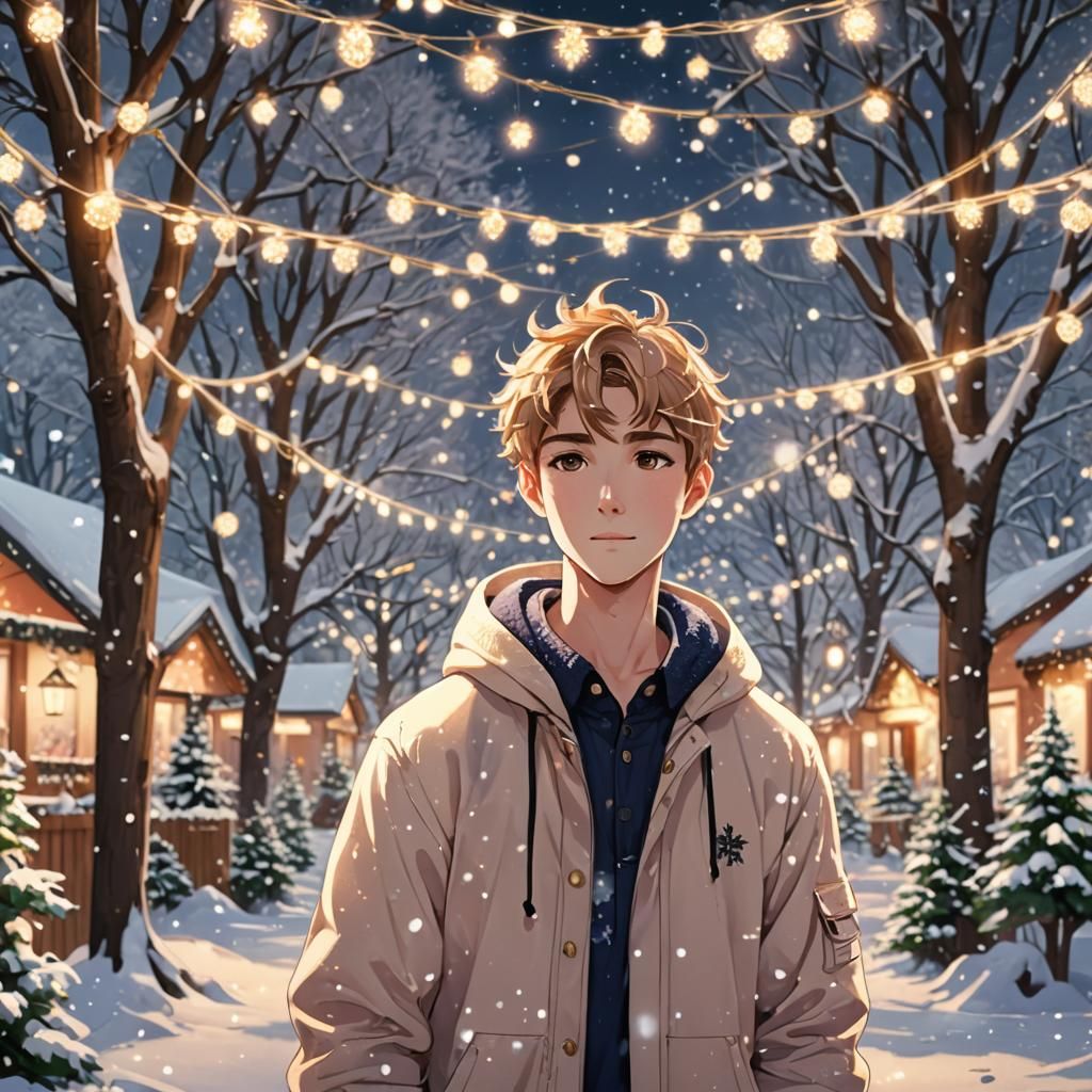 Liam in Winter Wonderland: Vibrant Anime Art