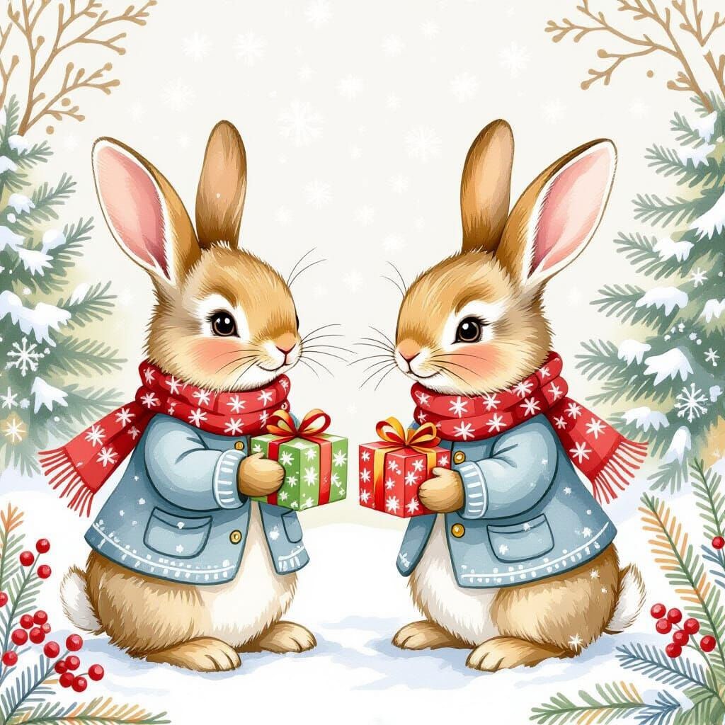 Christmas Bunnies in Beatrix Potter Watercolor Style