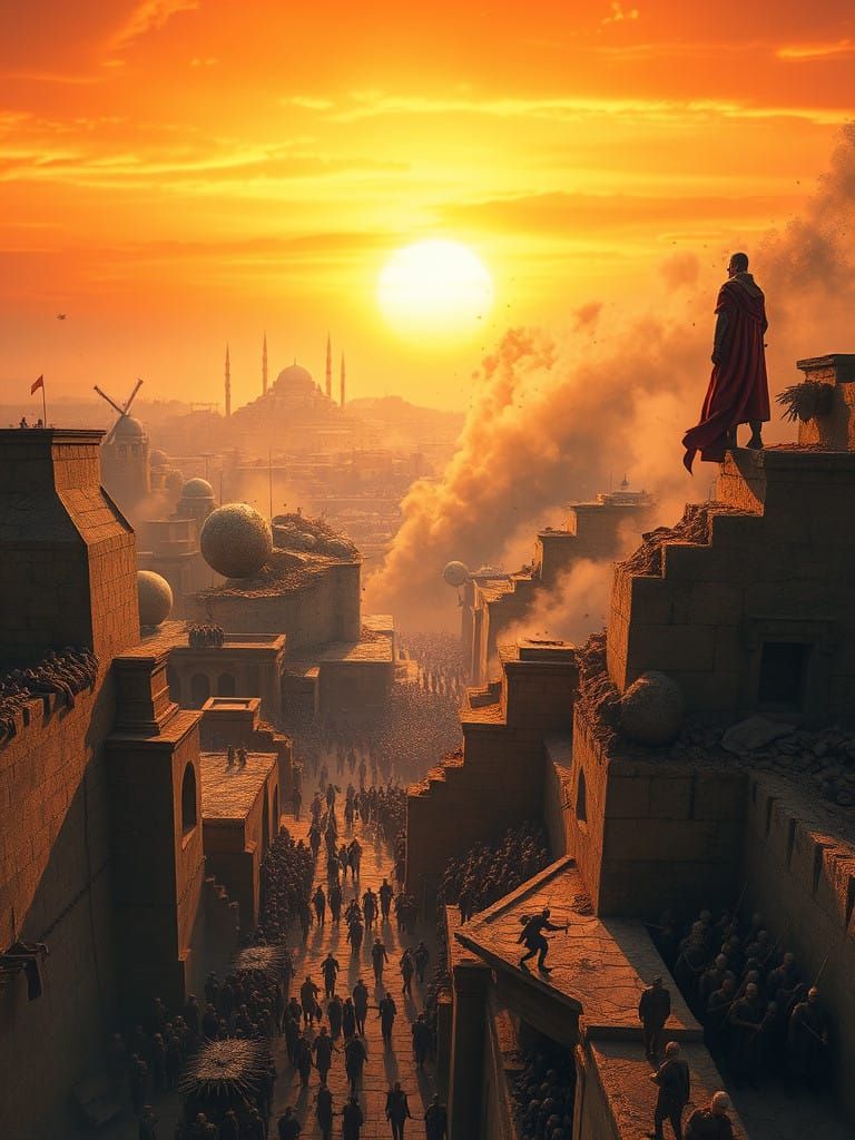 Cyberpunk Cityscape During Ancient Siege in Orange Twilight