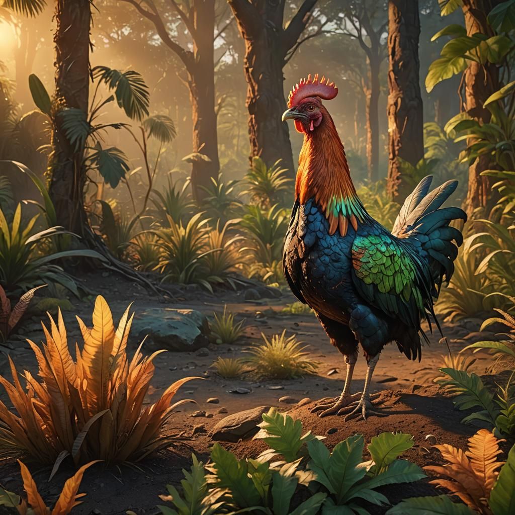 Photorealistic Hell Chicken in Prehistoric Landscape