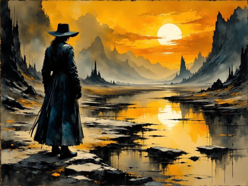 Post-Apocalyptic Wanderer Under Fiery Sky, in Neo-Impression...