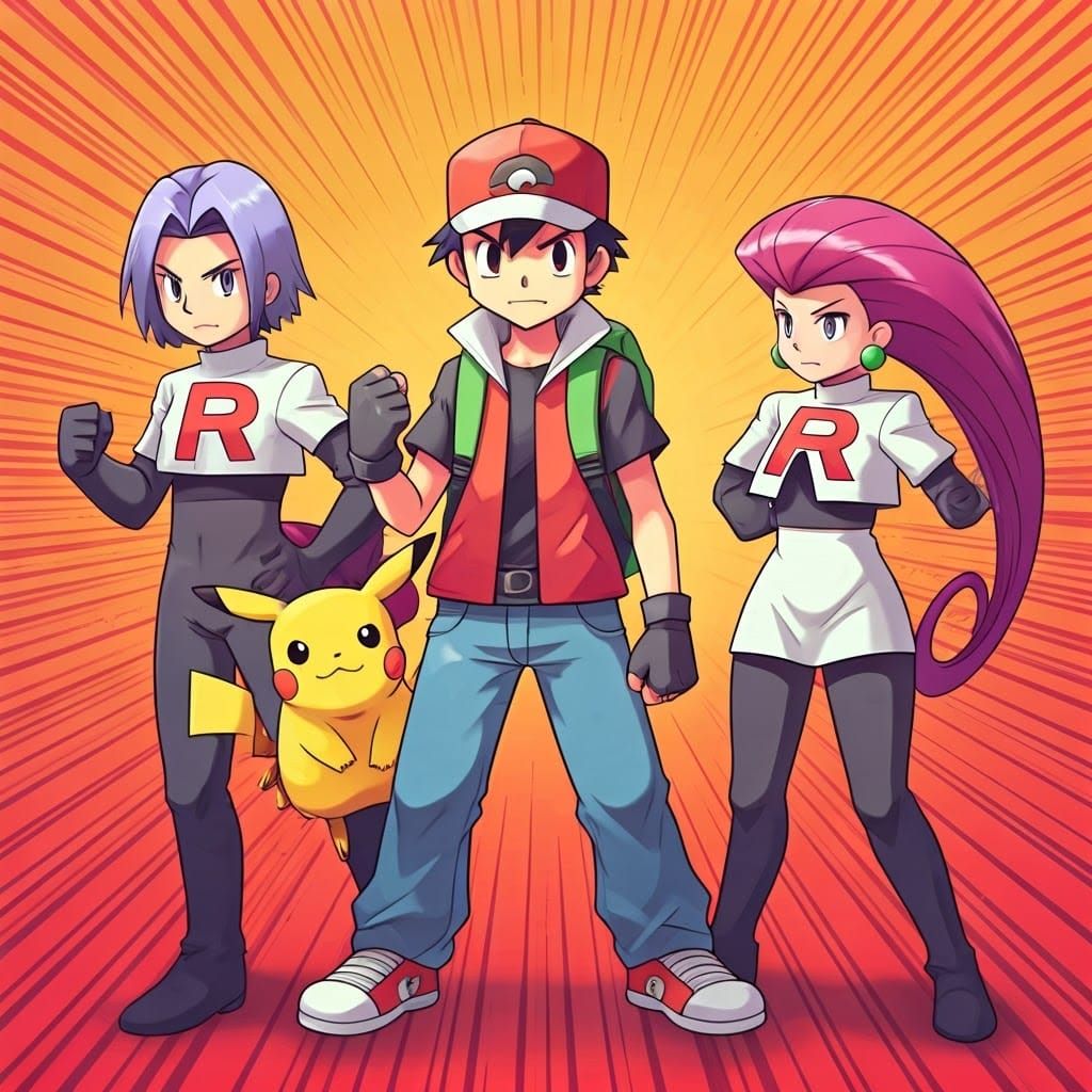 Pokémon Trainer Red Battles Team Rocket in Comic Style