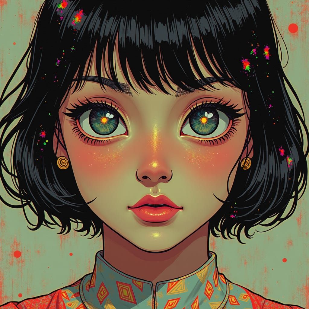 Glitchcore Replicant Girl in Klimt-Inspired Anime Style