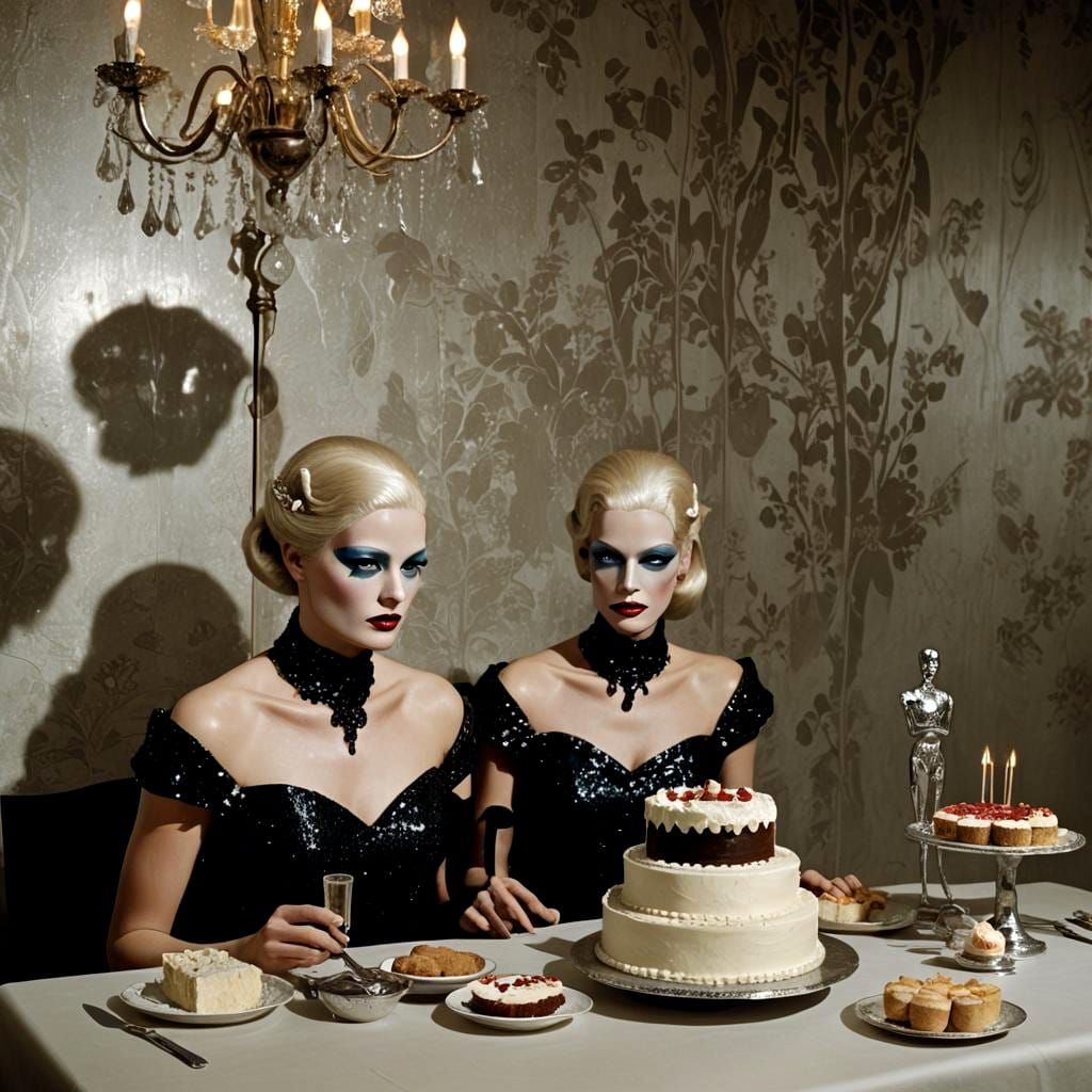Surreal Two-Headed Woman Cutting Cake