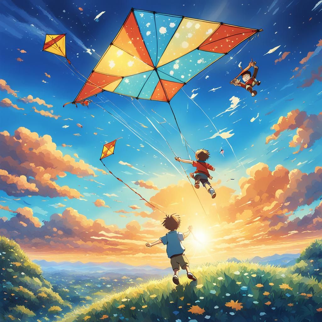 Kite Flying in Blue Sky: Studio Ghibli Anime Art