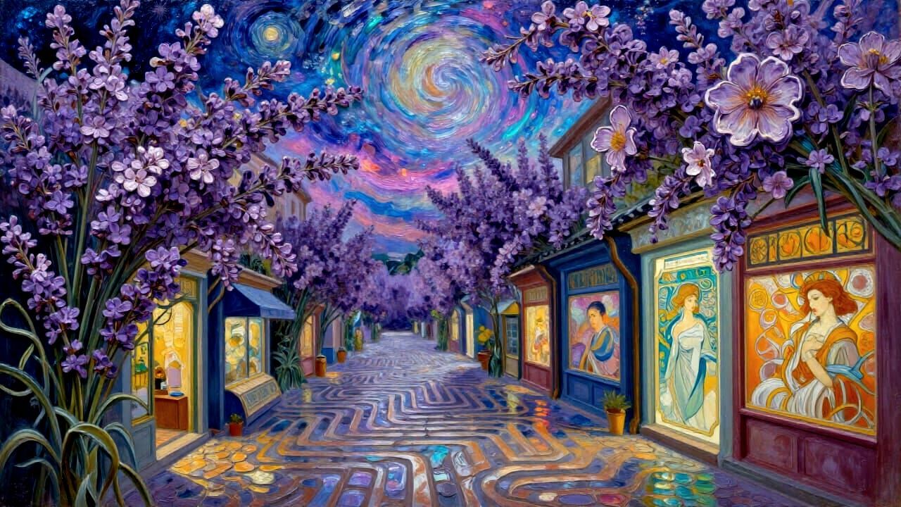 Cosmic Lavender Labyrinth with Cobblestone Stores