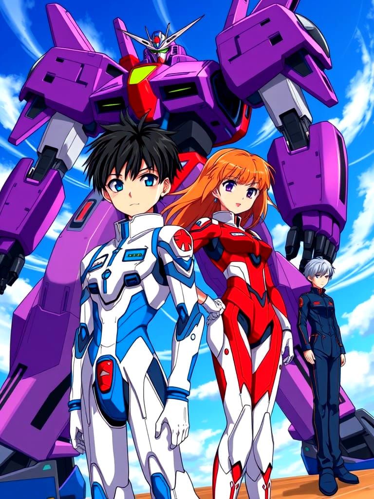 Young Pilots Pose with Giant Mecha in Anime Style