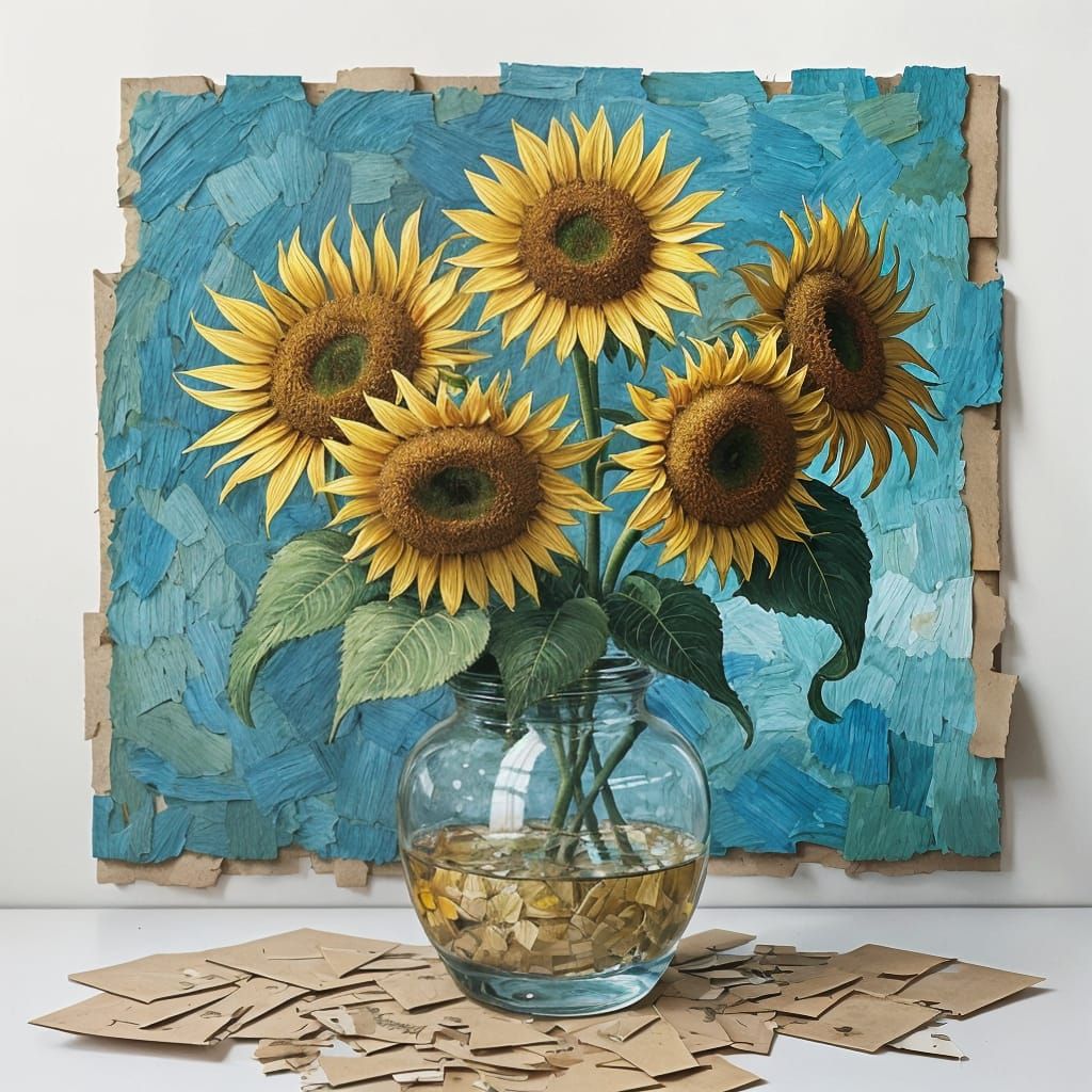 Sunflowers in Torn Paper, a Post-Impressionist Homage
