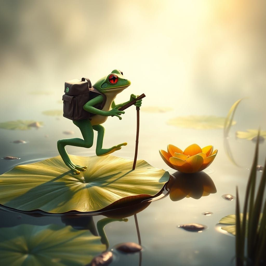 Vibrant Frog in Serene Pond Landscape