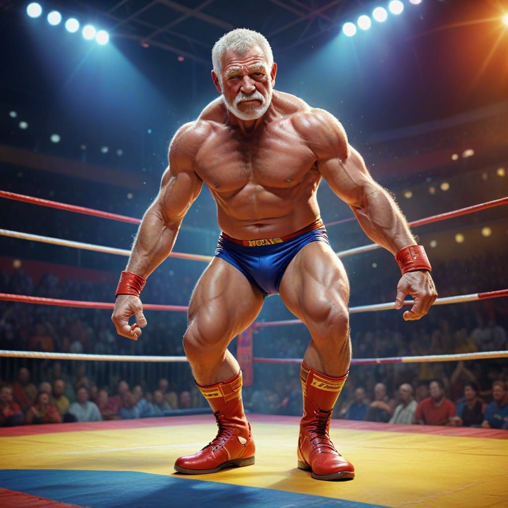 Confident Elderly Wrestler in Vibrant Digital Art