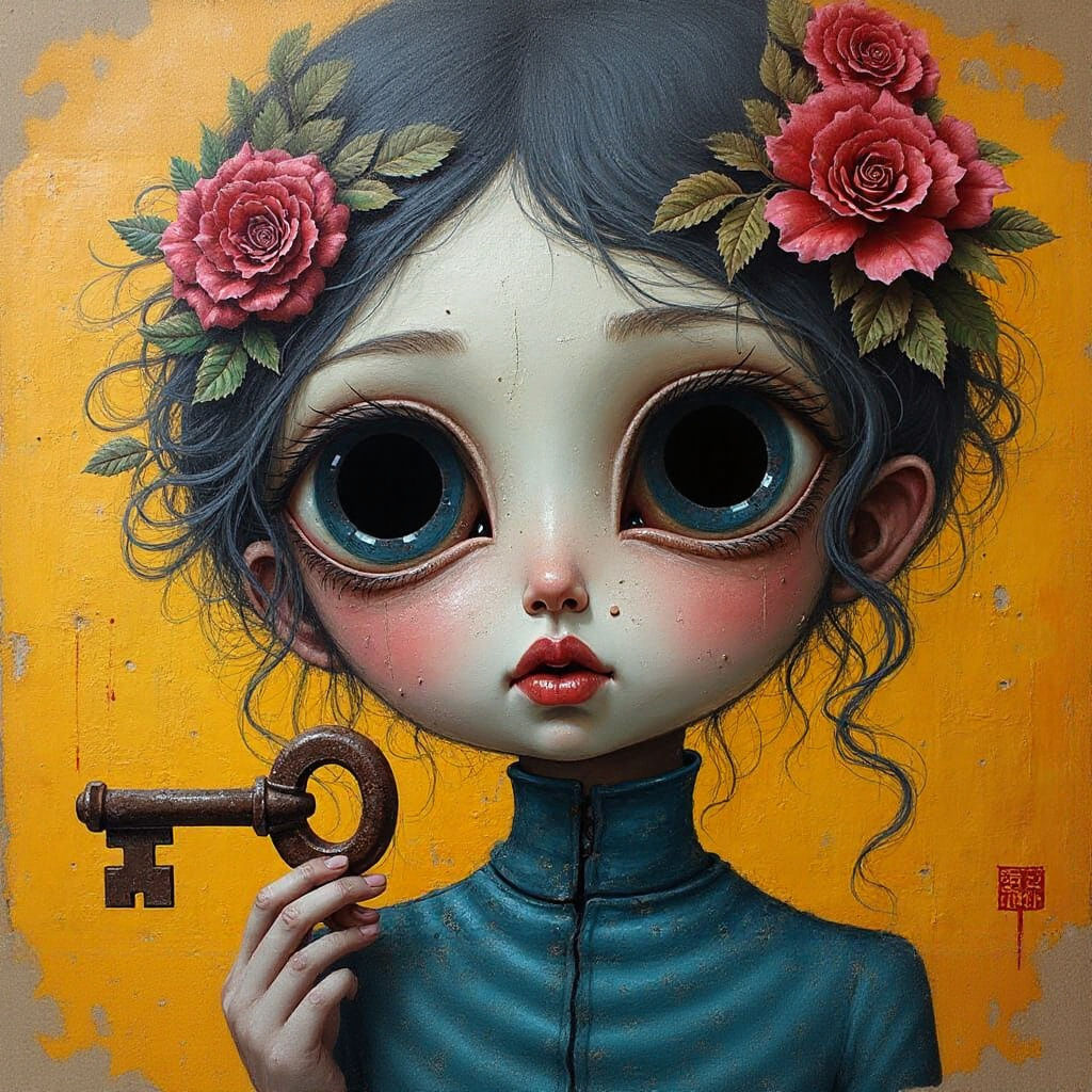 Surreal Portrait of Eyeless Girl with Key