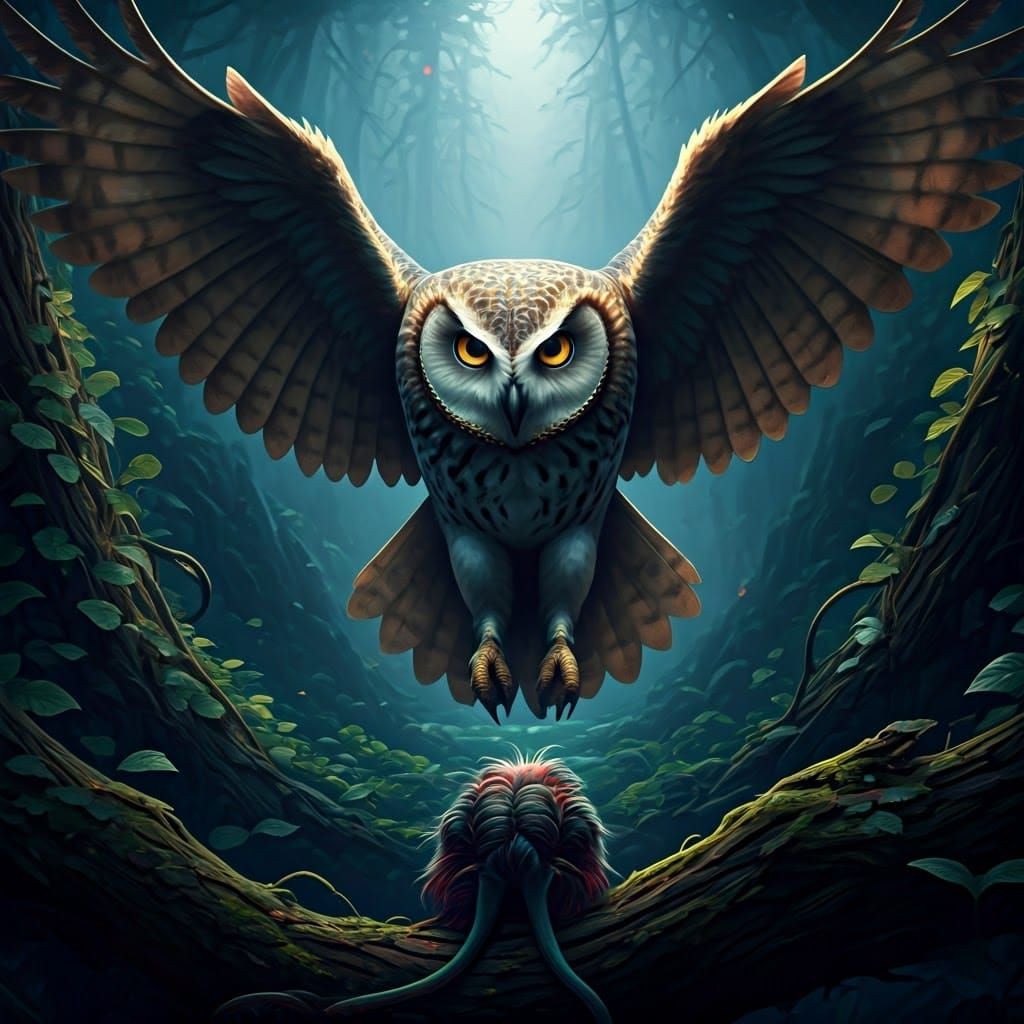 Mystical Owl Hunting in a Dark Forest