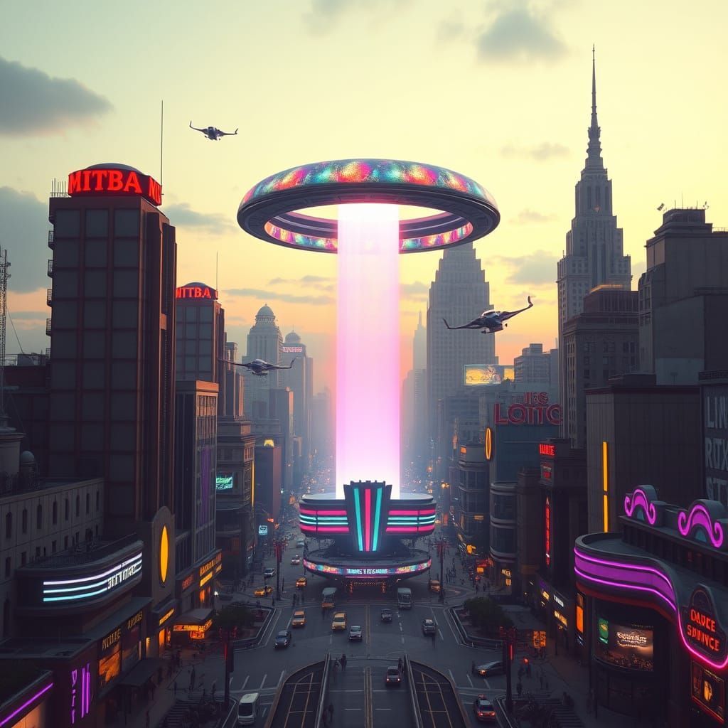 Retro-Futuristic Cityscape with Art Deco Architecture