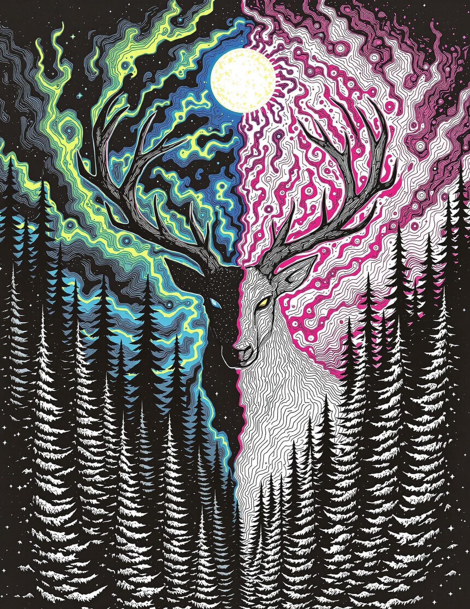Surreal Stormy Forest Scene in Dynamic Op Art Marker Ink Sty...