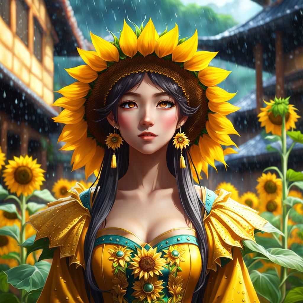 Anime Sunflower Princess Portrait in Graphic Art Style