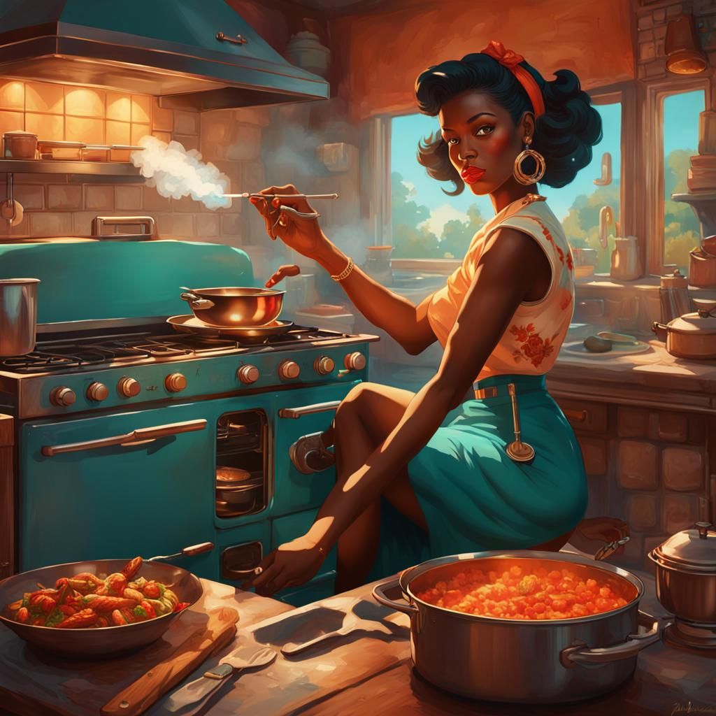 Retro Pinup Girl Cooking Dinner, Art Deco Style