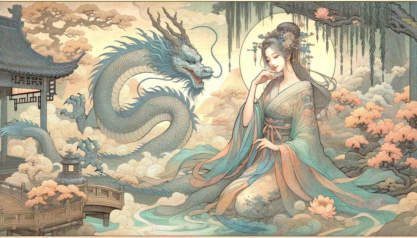 Elegant Chinese Lady and Dragon in Soft Pastel Scroll Art