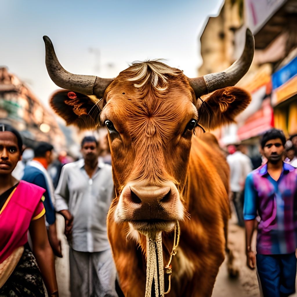 Indian Cow in Smoky City Street: Hyperrealistic Photo