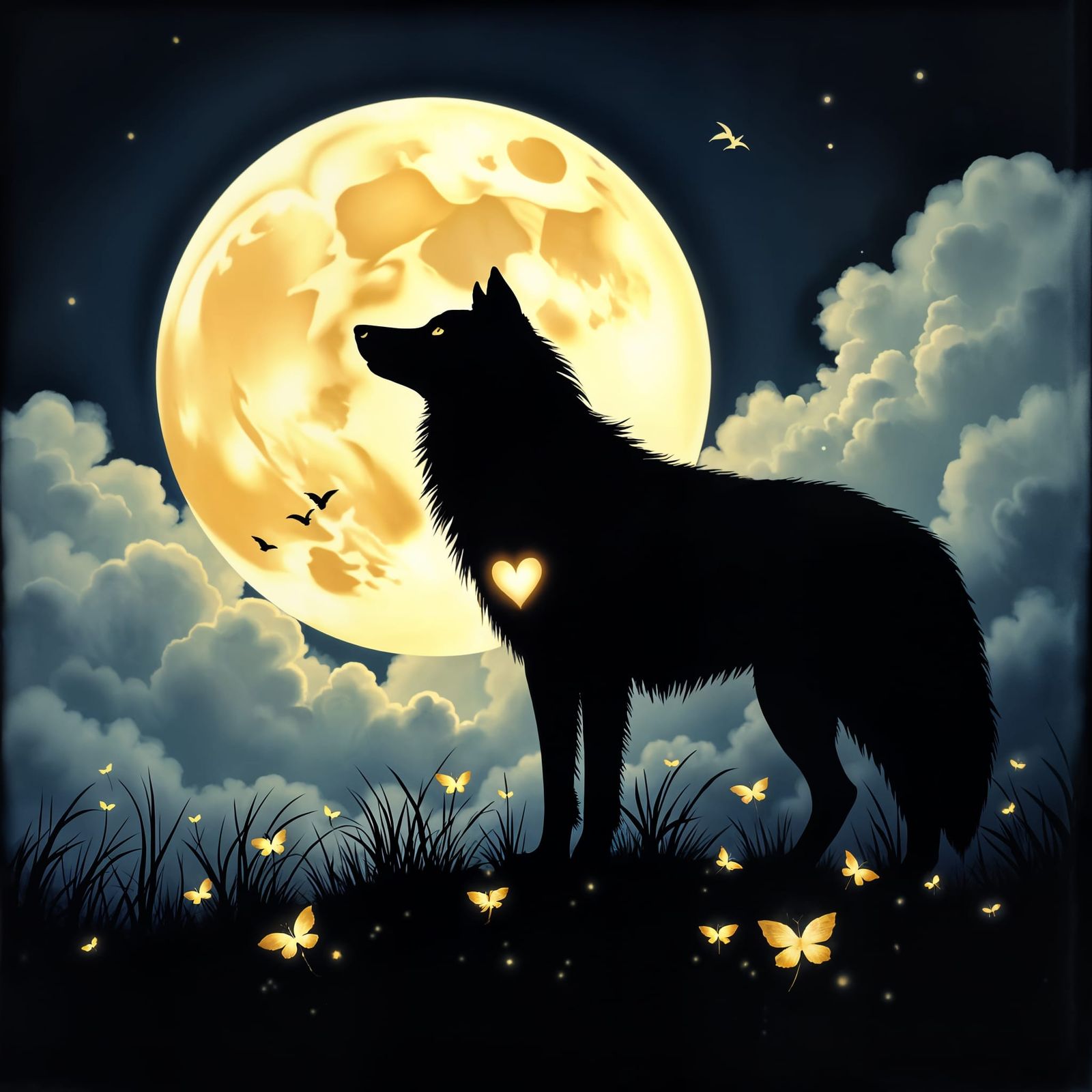 <lora:BlackGold silhouette:1.0> <lora:Heart:1.0> Black and gold silhouette,  Wet ink on silk ethereal watercolor of a Di...